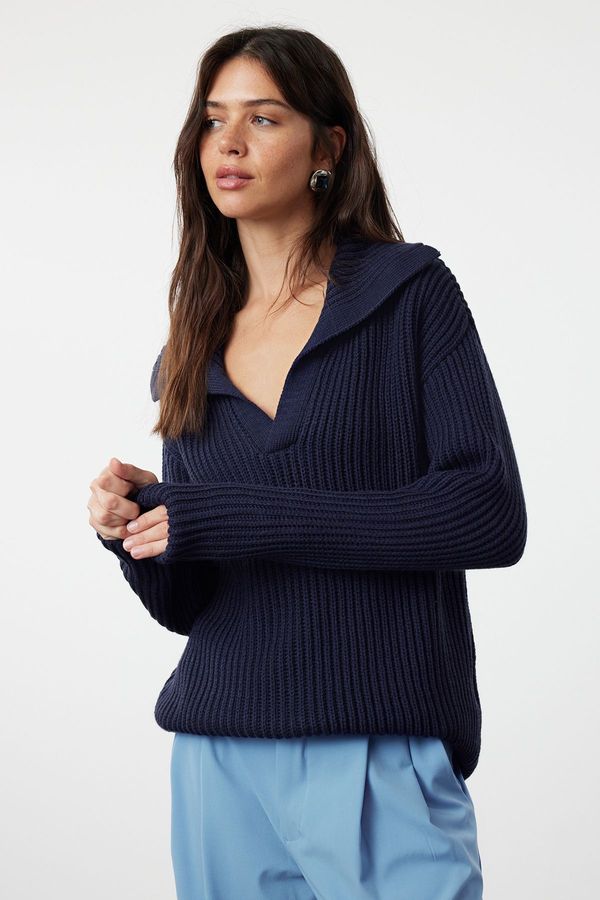Trendyol Trendyol Navy Blue Basic Turn-down Collar Knitwear Sweater