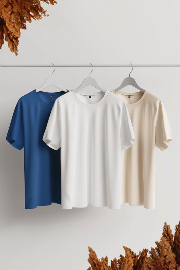 Trendyol Trendyol Navy Blue-Beige-White Basic Slim 100% Cotton 3 Pack Short Sleeve T-Shirt