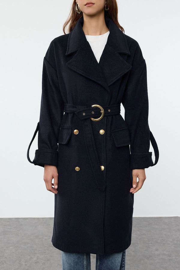 Trendyol Trendyol Navy Blue Belted Foldable Sleeves Regular Wool Trench Coat