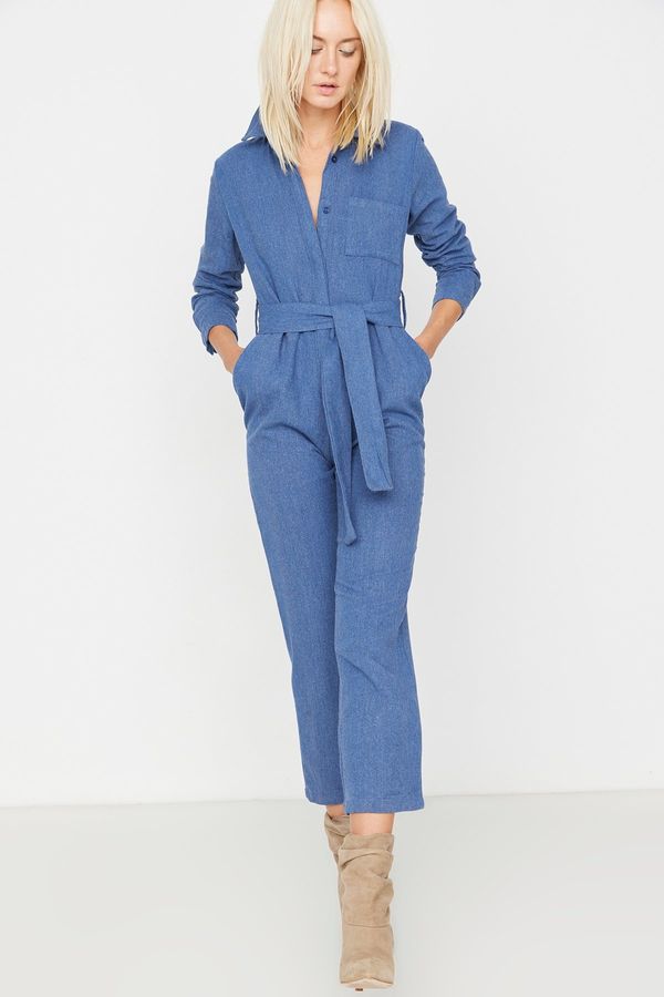 Trendyol Trendyol Navy Blue Belted Weave Long Shirt Collar Jumpsuit