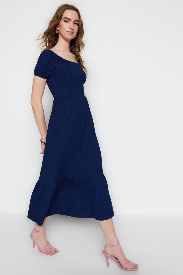 Trendyol Trendyol Navy Blue Carmen ovratnik A-line Maxi pletena obleka
