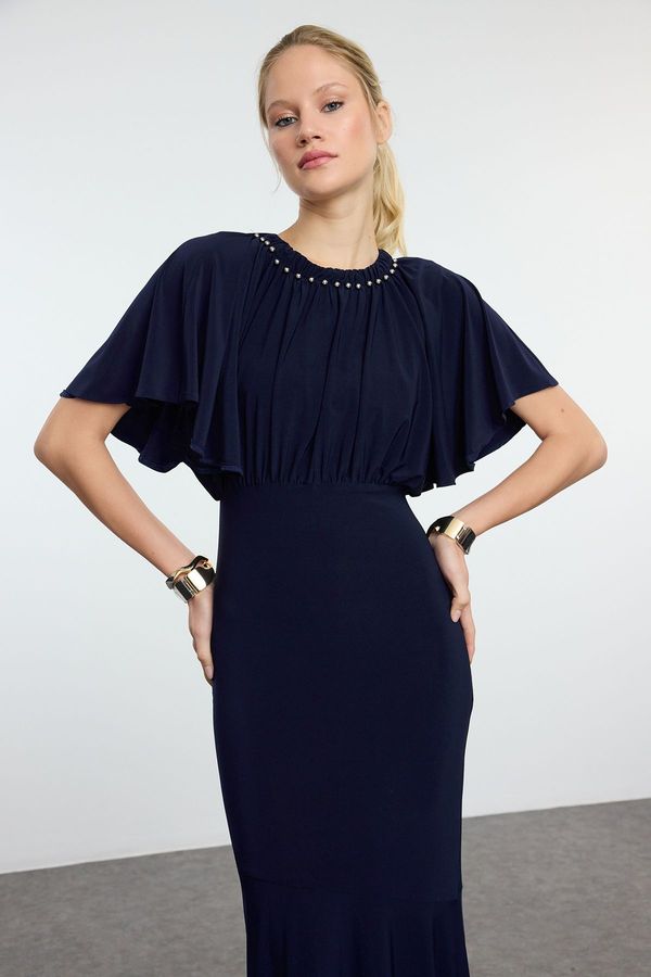 Trendyol Trendyol Navy Blue Collar Detailed Knitted Evening Dress & Graduation Dress