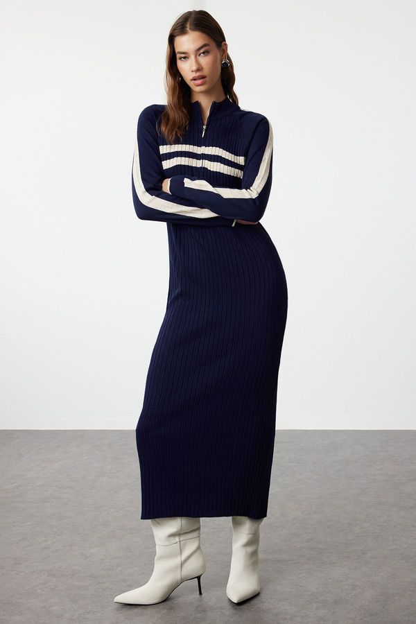 Trendyol Trendyol Navy Blue Color Block Corded Knitwear Dress