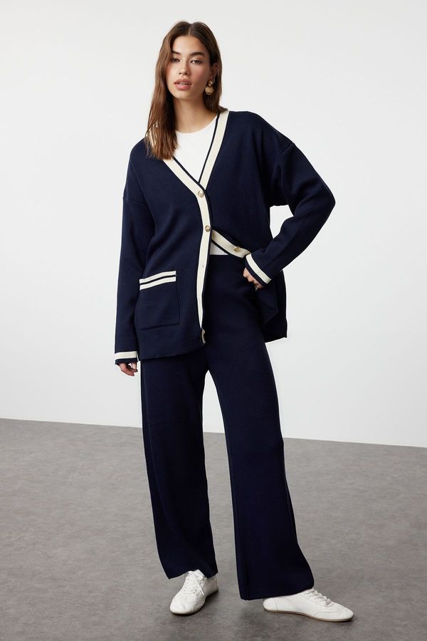 Trendyol Trendyol Navy Blue Color Block Gold Buttoned Pocket Cardigan-Trousers Knitwear Bottom-Top Set