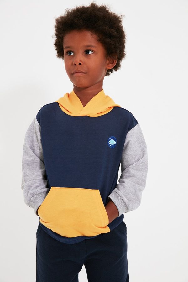 Trendyol Trendyol Navy Blue Color Block Patch Detail Hooded Boy Knitted Thin Sweatshirt