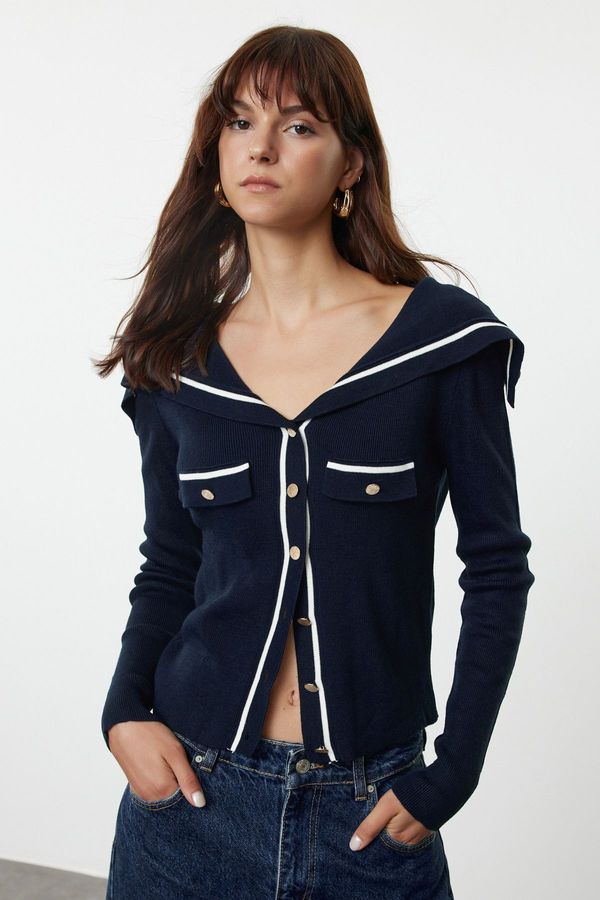 Trendyol Trendyol Navy Blue Color Block Turn-down Collar Knitwear Cardigan