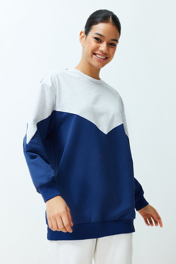 Trendyol Trendyol Navy Blue Color Blocked Knitted Oversize Sweatshirt