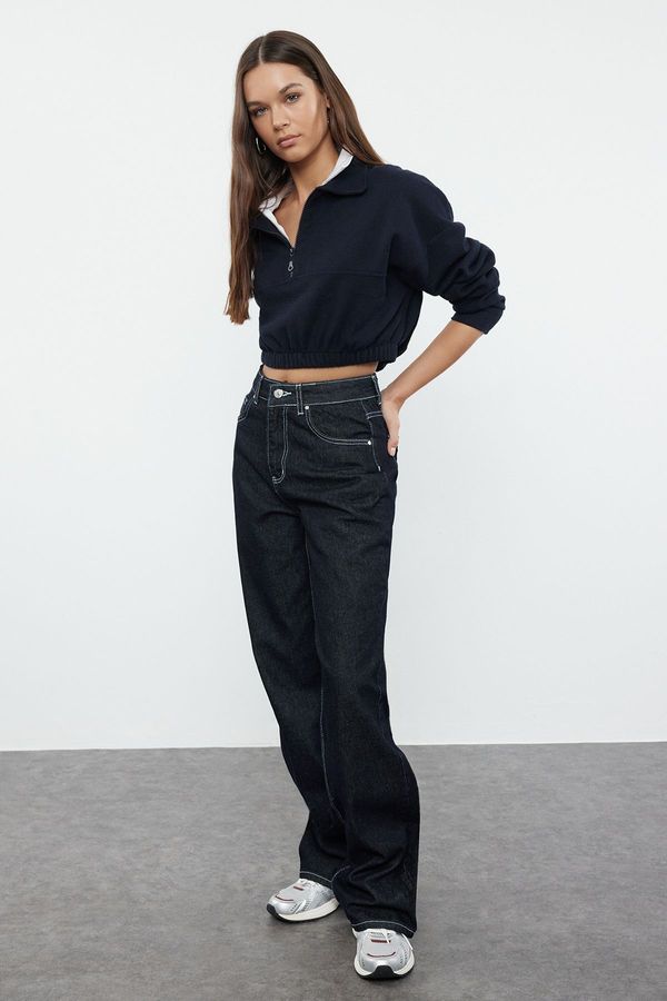 Trendyol Trendyol Navy Blue Contrast Stitched High Waist Wide Leg Jeans