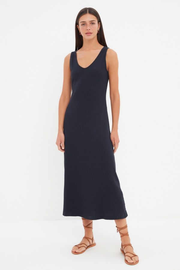 Trendyol Trendyol Navy Blue Corded A-line Midi Knitted Dress