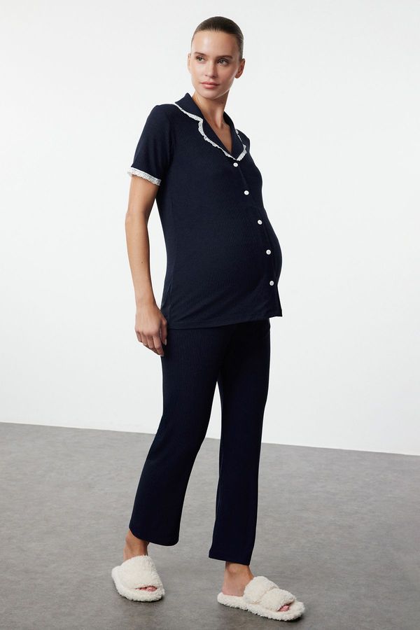 Trendyol Trendyol Navy Blue Corduroy Shirt Collar Lace Knitted Maternity & Pregnant Pajamas Set