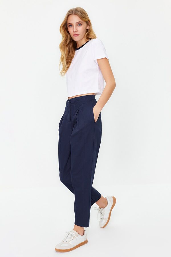 Trendyol Trendyol Navy Blue Cotton Carrot Pattern Stripe Detail Woven Trousers