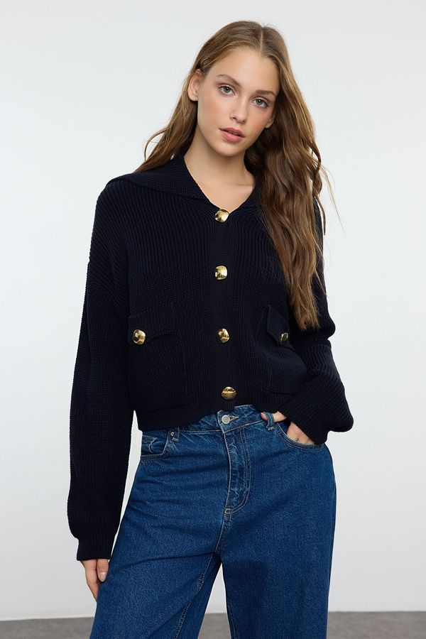 Trendyol Trendyol Navy Blue Cotton Turn-down Collar Knitwear Cardigan