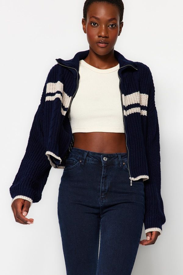 Trendyol Trendyol Navy Blue Crop Color Block stojalo Visoki ovratnik Pletenine Cardigan