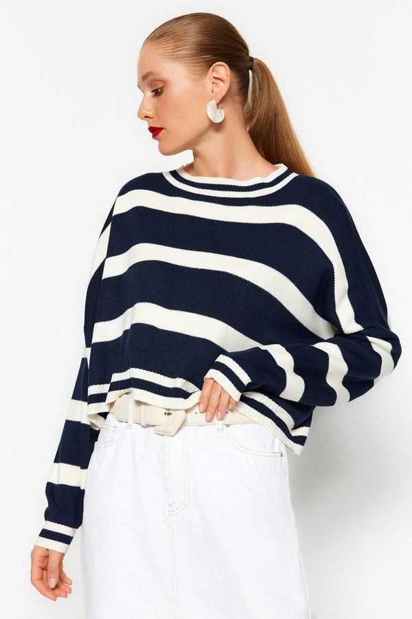 Trendyol Trendyol Navy Blue Crop črtasto pletenino pulover