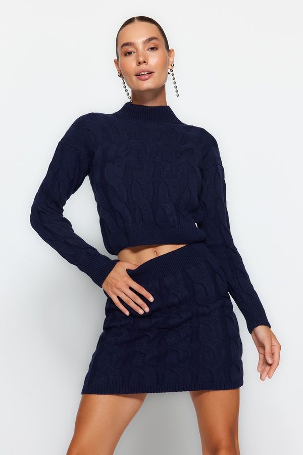 Trendyol Trendyol Navy Blue Crop High Neck Knitwear Two Piece Set