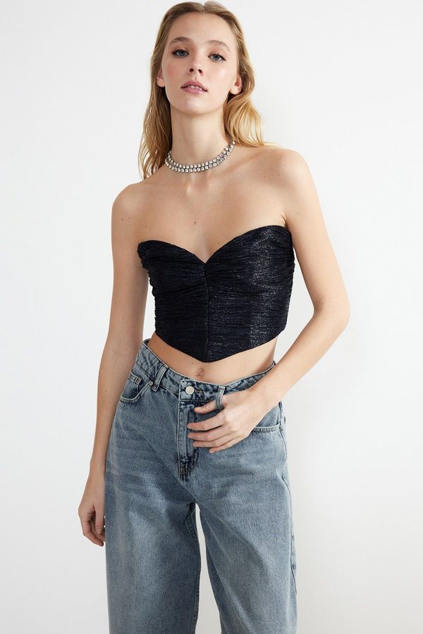 Trendyol Trendyol Navy Blue Crop Shiny Knitted Bustier