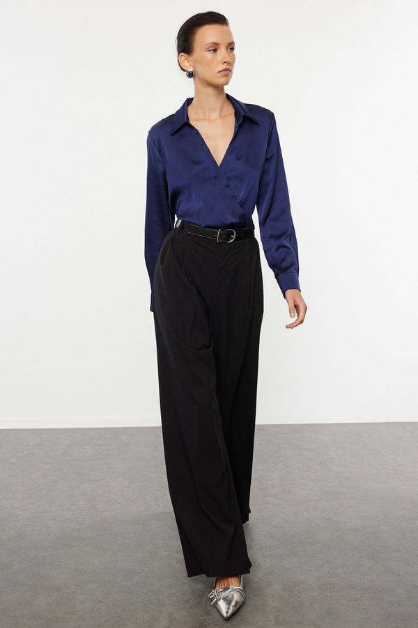 Trendyol Trendyol Navy Blue Crop Shirt Collar Satin Woven Blouse