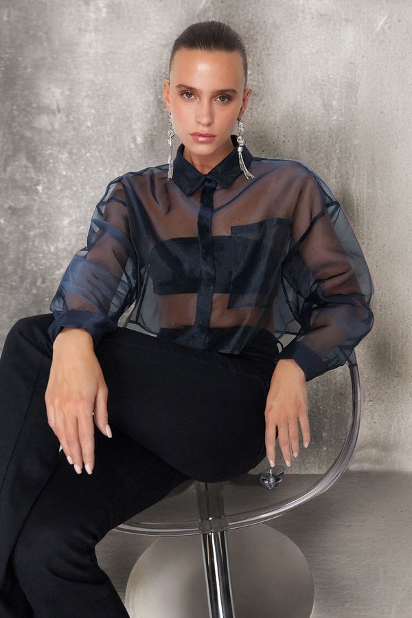 Trendyol Trendyol Navy Blue Crop Transparent Woven Organza Shirt