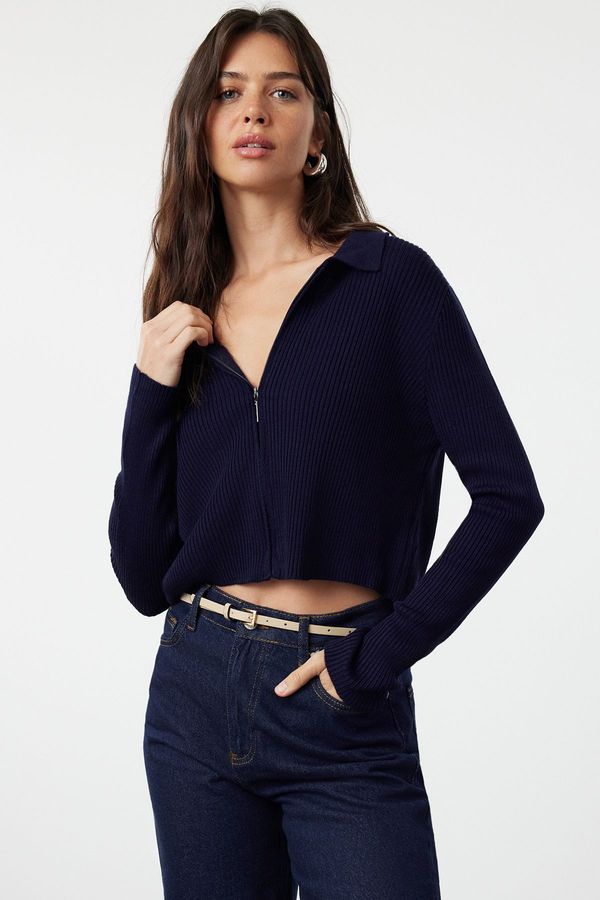 Trendyol Trendyol Navy Blue Crop Zippered Knitwear Cardigan