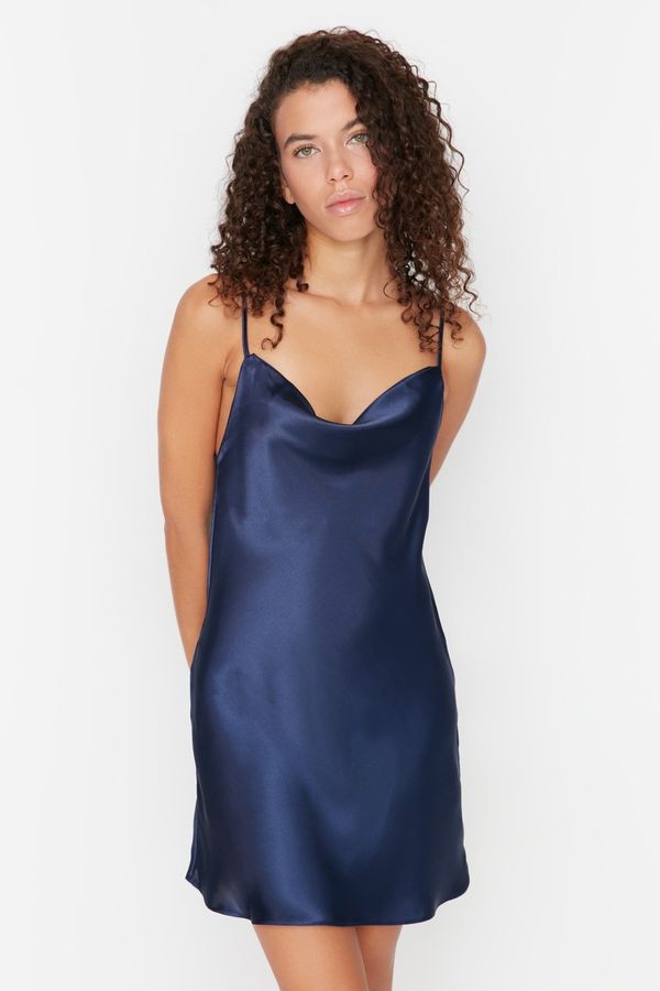 Trendyol Trendyol Navy Blue Degajee Collar Back Detailed Satin Woven Nightgown