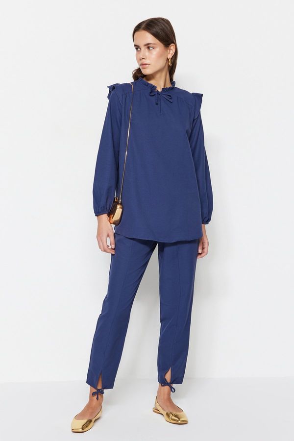 Trendyol Trendyol Navy Blue Denim Look Tunic-Pants Suit