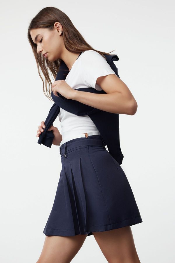 Trendyol Trendyol Navy Blue Double Belt Detailed Pleated Mini Woven Skirt