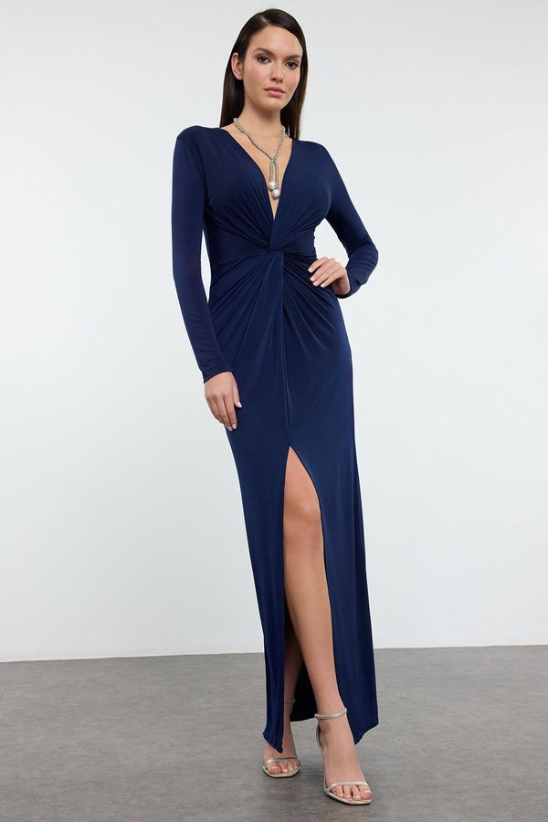 Trendyol Trendyol Navy Blue Double Breasted Knitted Long Elegant Evening & Graduation Dress