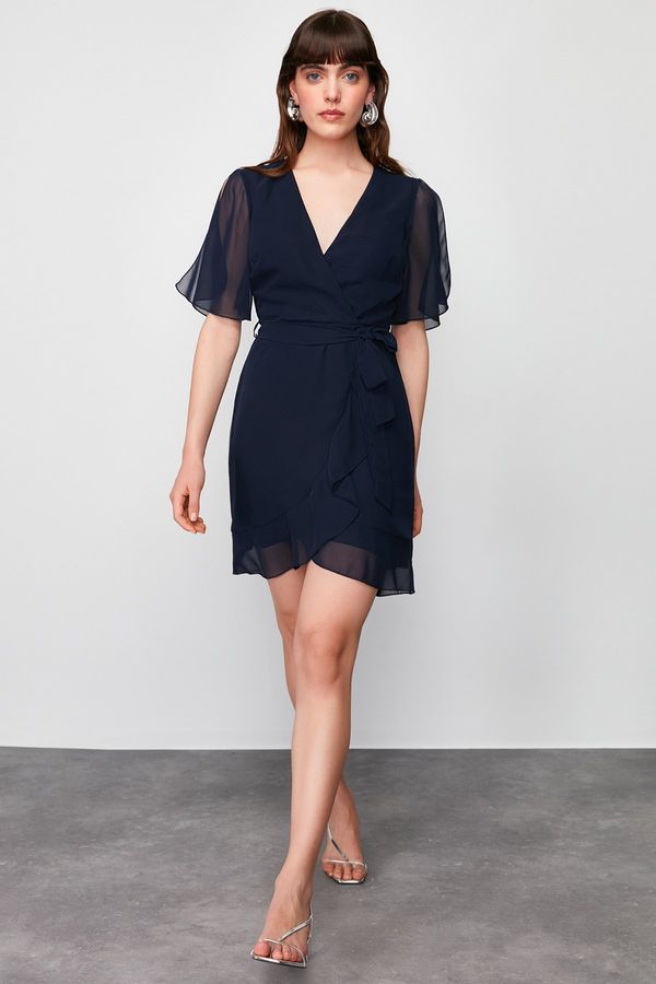 Trendyol Trendyol Navy Blue Double Breasted Ruffle Detailed Chiffon Lined Woven Mini Dress