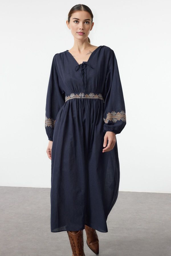 Trendyol Trendyol Navy Blue Embroidered Midi Woven Dress with Open Waist