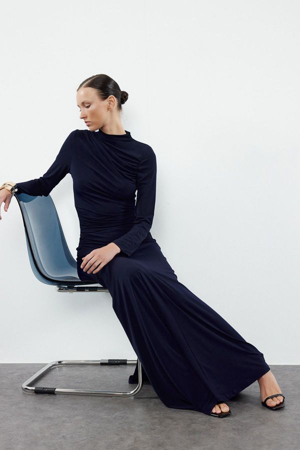 Trendyol Trendyol Navy Blue Fitted High Neck Long Sleeve Flexible Maxi Knitted Dress