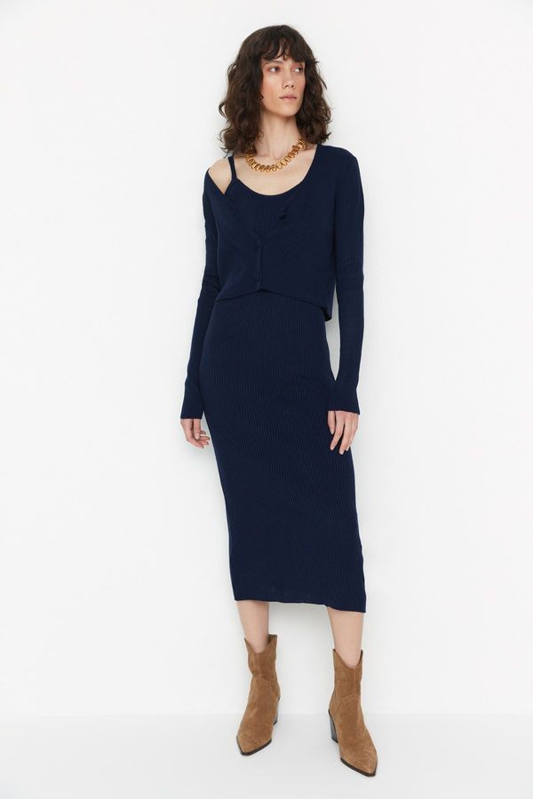 Trendyol Trendyol Navy Blue Fitted Midi Knitwear Cardigan Dress Suit