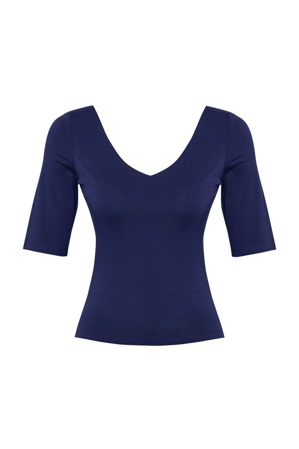 Trendyol Trendyol Navy Blue Fitted/Body Fitted V Neck Backless Flexible Knitted Blouse