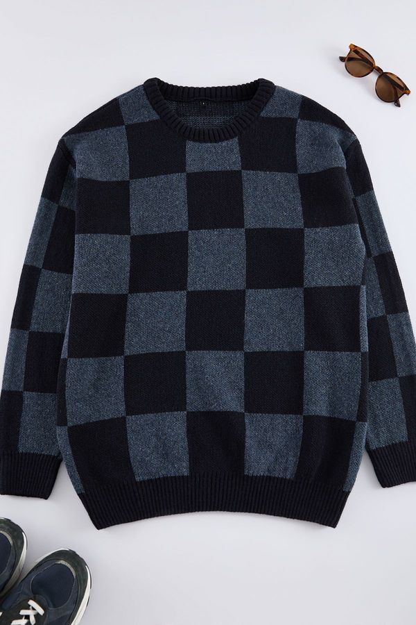 Trendyol Trendyol Navy Blue FL Men's Oversize Crew Neck Plaid / Checkered Knitwear Sweater