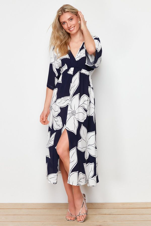 Trendyol Trendyol Navy Blue Floral Print A-line Double-breasted Collar Midi Woven Dress