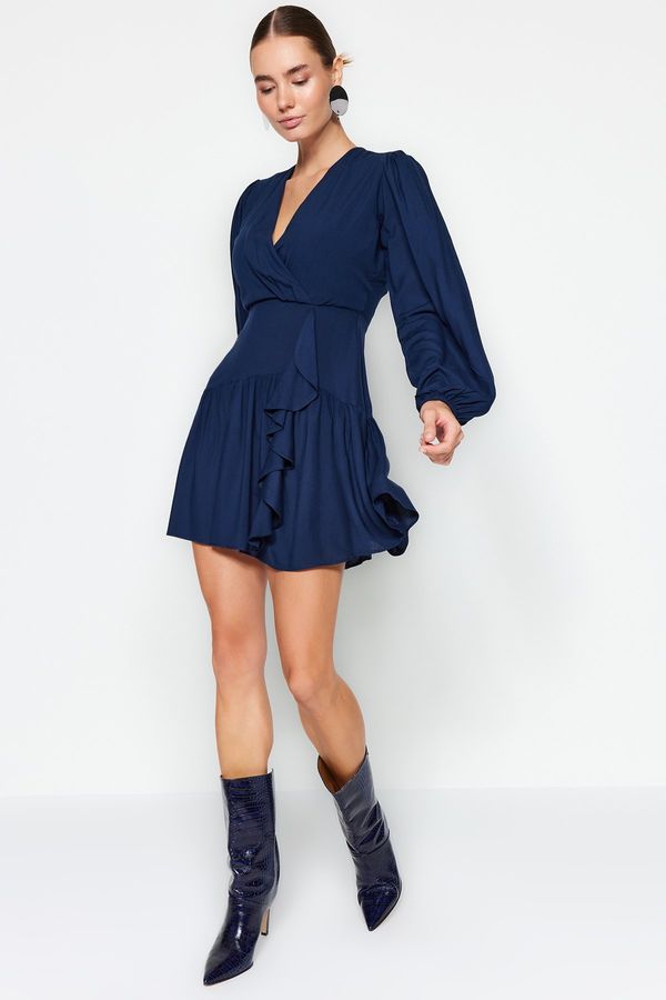 Trendyol Trendyol Navy Blue Flounce dvojna prsna tkana obleka