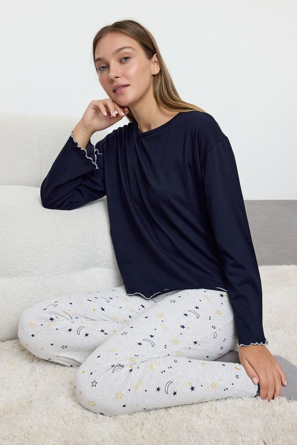 Trendyol Trendyol Navy Blue Gilded Galaxy Patterned Baby Overlock Detailed Knitted Pajama Set