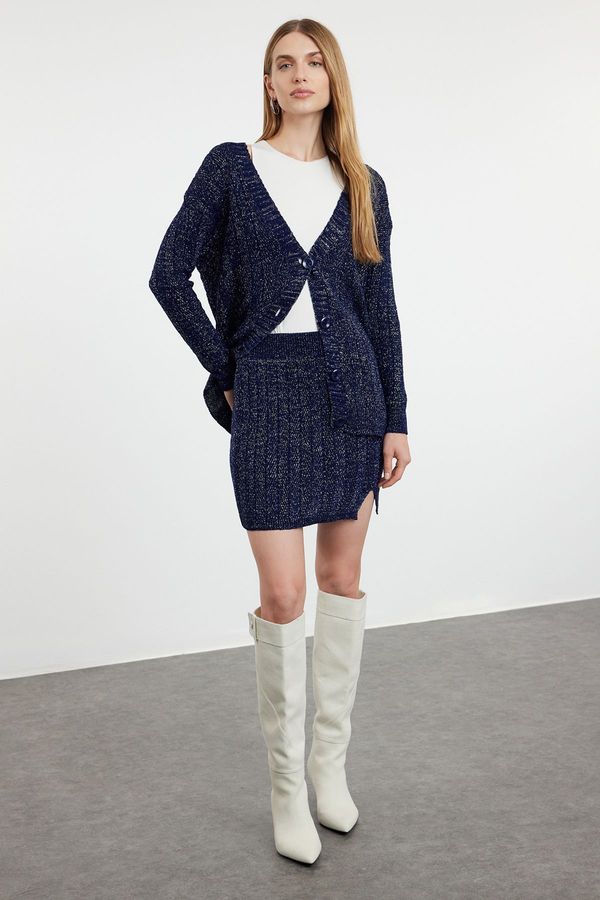 Trendyol Trendyol Navy Blue Glitter Skirt-Cardigan Knitwear Bottom-Top Set