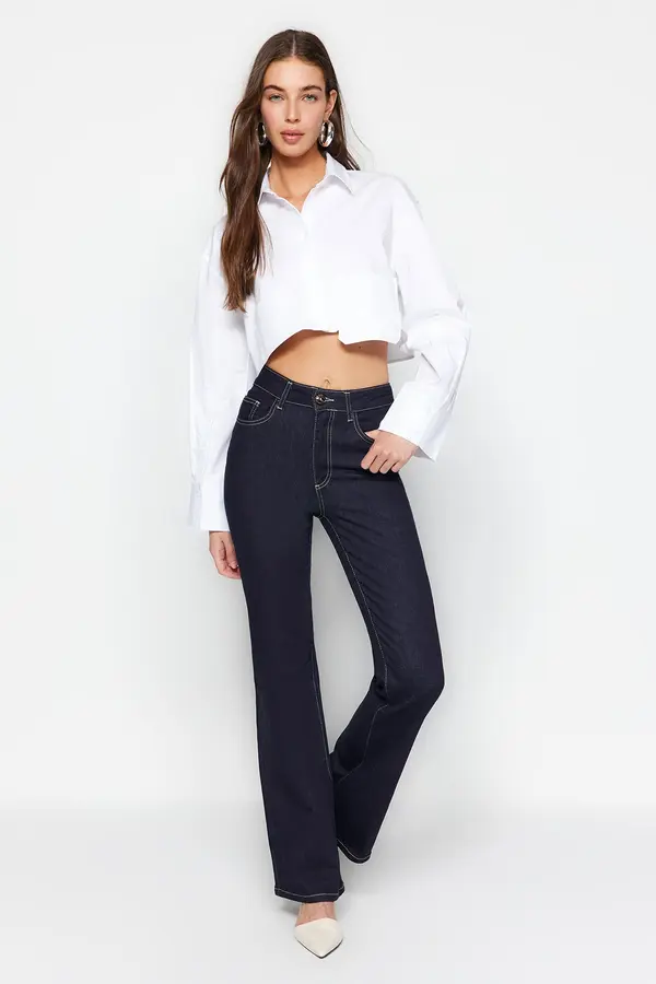 Trendyol Trendyol Navy Blue High Waist Flare Jeans s podrobnostmi šivanja