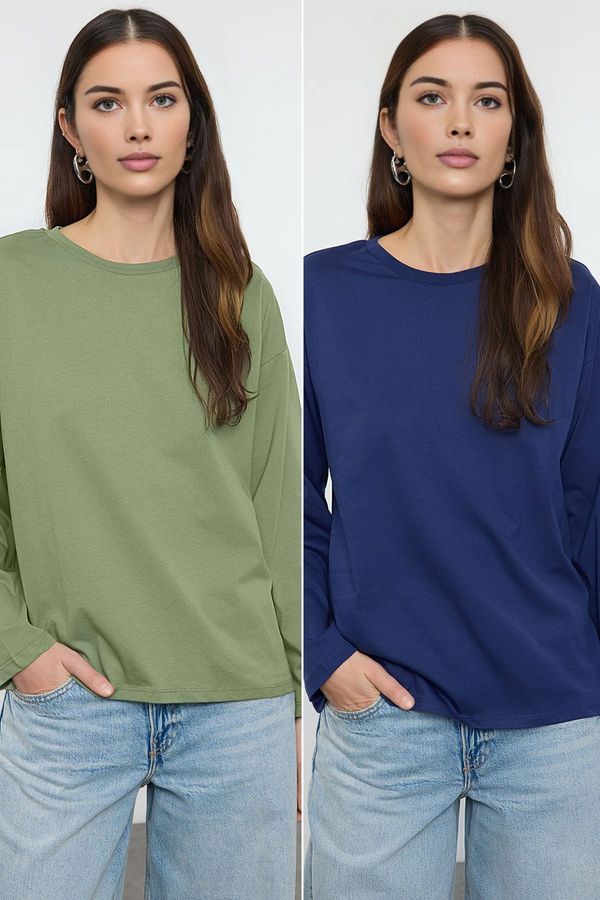 Trendyol Trendyol Navy Blue-Khaki 2-Pack 100% Jersey Oversize/Wide Cut Knitted T-Shirt