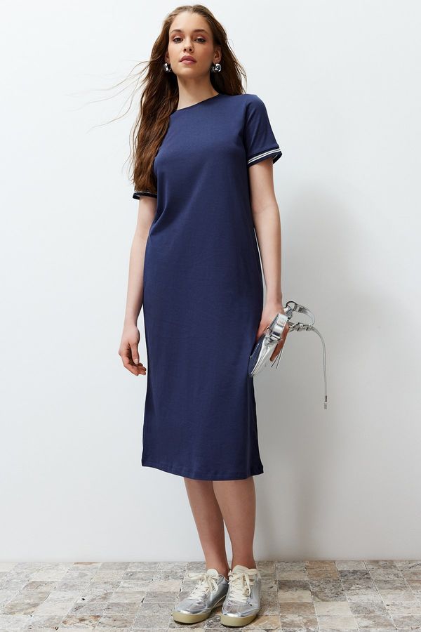 Trendyol Trendyol Navy Blue Knitwear Band Detail Crew Neck Short Sleeve Stretchy Midi Knitted Maxi Dress