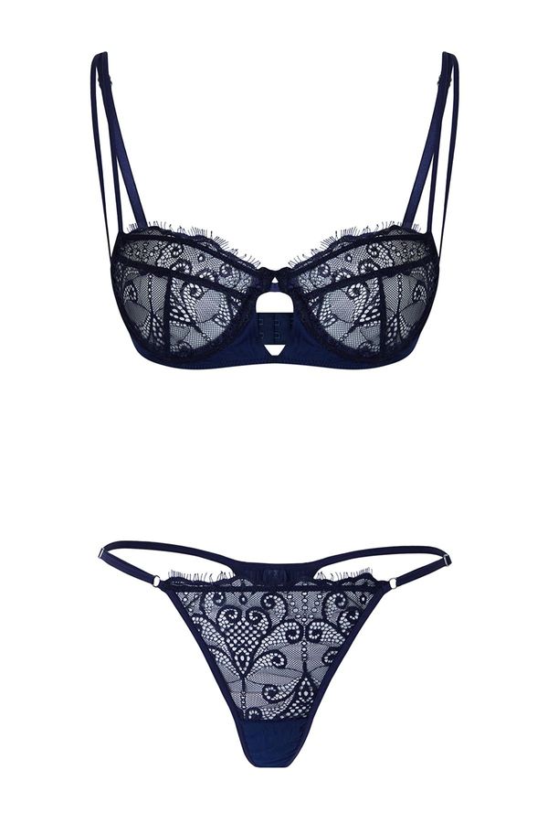 Trendyol Trendyol Navy Blue Lace Piping Detailed Rope Strap Coverless Knitted Underwear Set