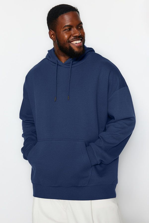 Trendyol Trendyol Navy Blue Large Size Oversize/Wide Cut Hooded Fleece Cotton Sweatshirt