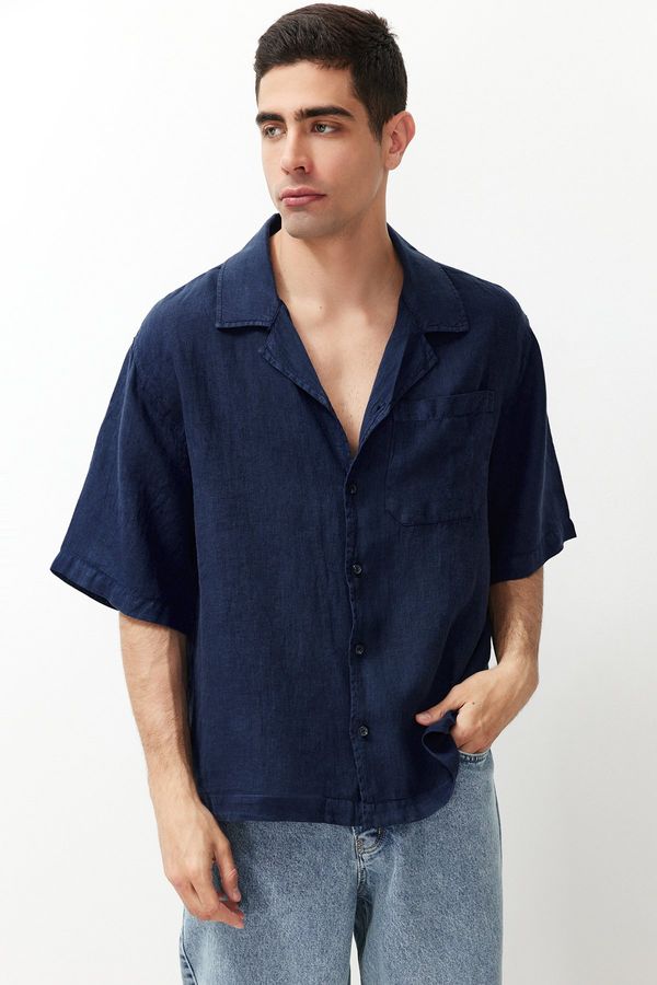 Trendyol Trendyol Navy Blue Limited Edition 100% Linen Oversize Fit Shirt