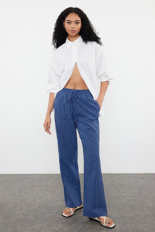 Trendyol Trendyol Navy Blue Linen Blend High Waist Striped Wide Leg Trousers