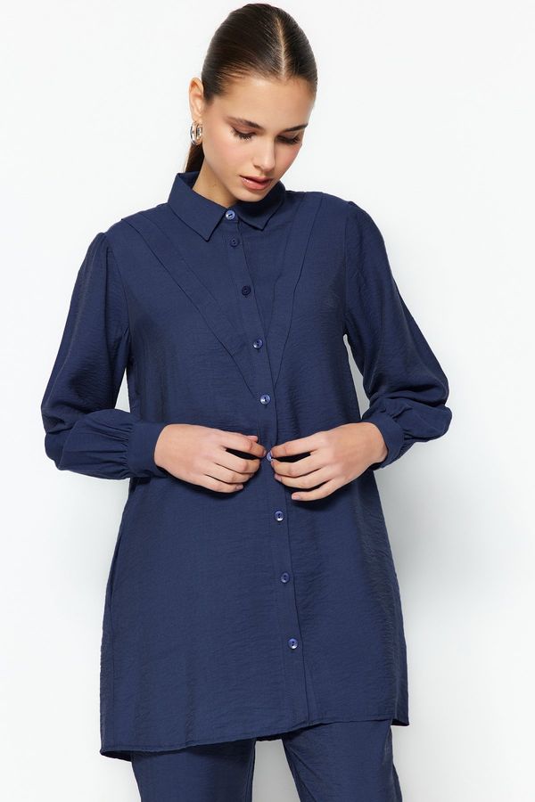 Trendyol Trendyol Navy Blue Linen Look Shirt-Trousers Woven Suit