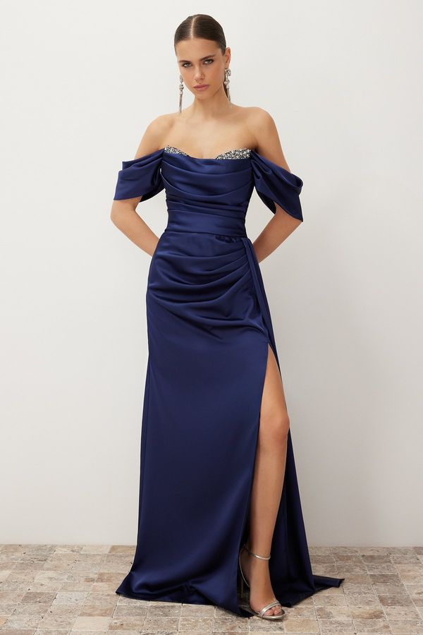 Trendyol Trendyol Navy Blue Low Sleeve Stone Accessory Detailed Woven Long Elegant Evening Dress