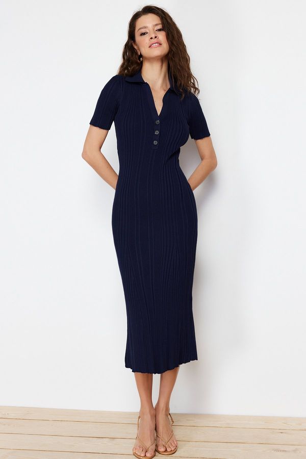 Trendyol Trendyol Navy Blue Maxi Knitwear Polo Collar Dress