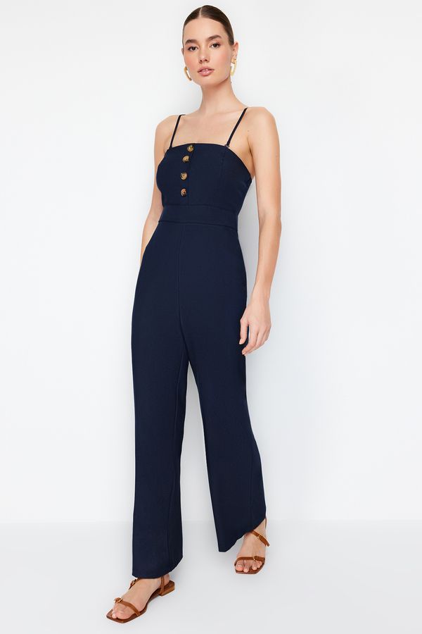 Trendyol Trendyol Navy Blue Maxi Woven Jumpsuit with Removable Straps and Button Detail
