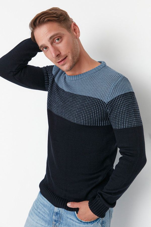 Trendyol Trendyol Navy Blue Men's Slim Fit Crew Neck Blocky Sweater