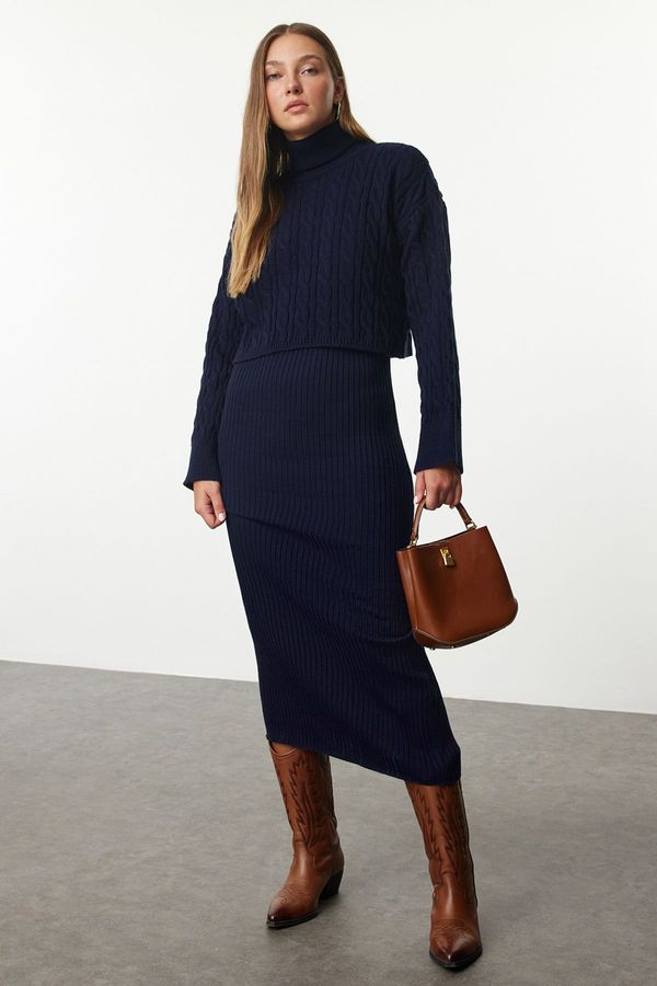 Trendyol Trendyol Navy Blue Midi Knitted Sweater-Dress Set